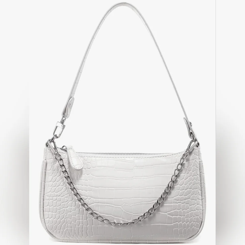Elegant White Croc-Embossed‎ Shoulder Bag